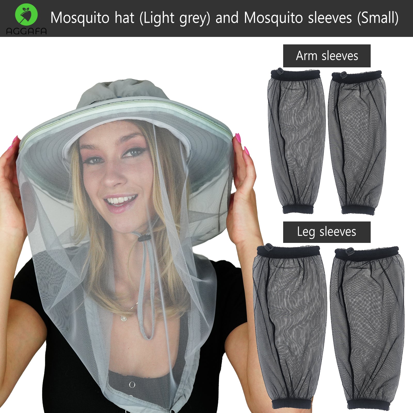 aggafa mosquito head net hat light grey and mosquito sleeves small