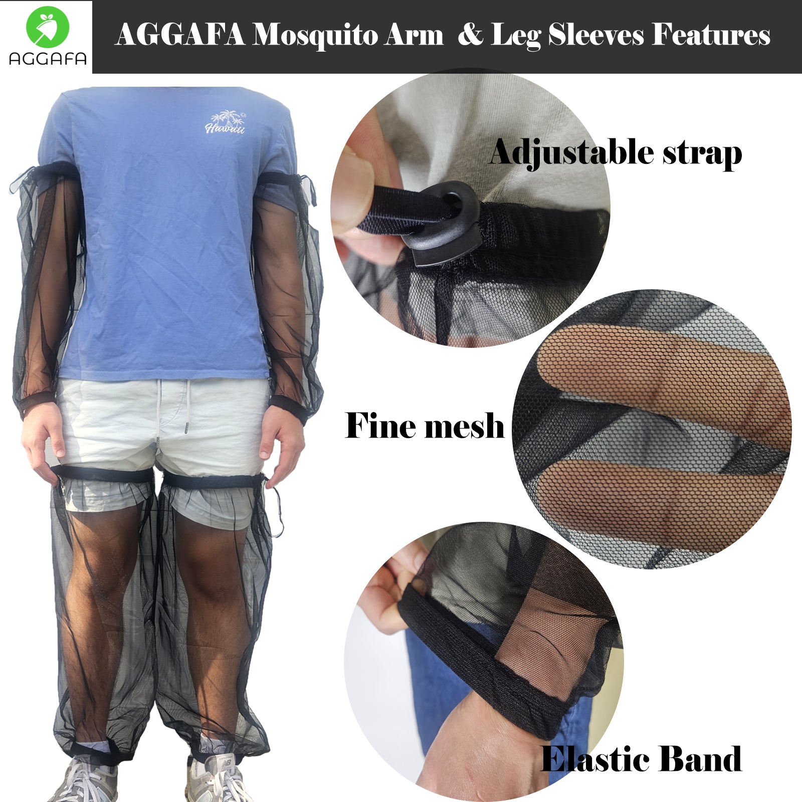 aggafa mosquito head net hat beige and mosquito sleeves xlarge, arm and leg sleeve feature