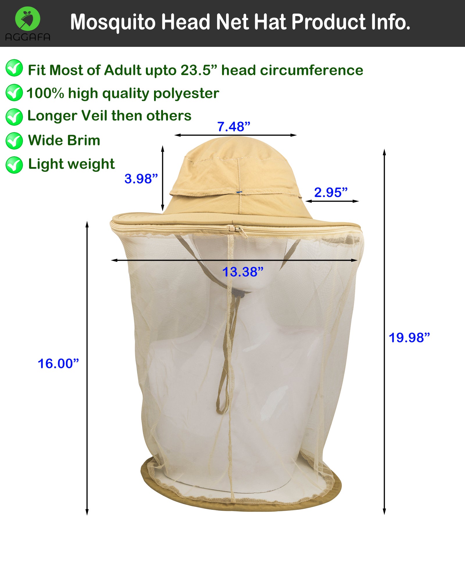 aggafa mosquito head net hat beige and mosquito sleeves small, mosquito head net hat product information