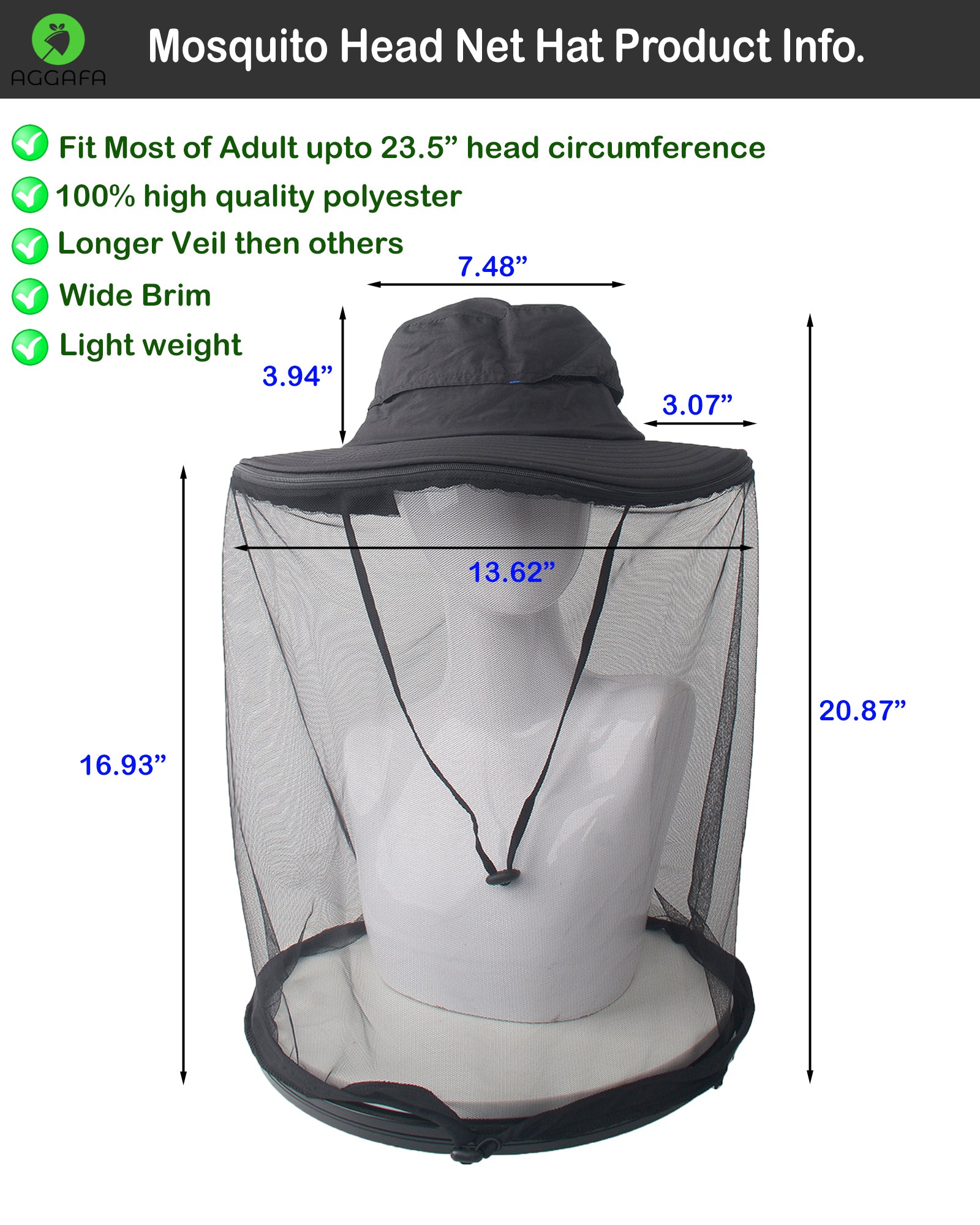 aggafa mosquito head net hat black and mosquito sleeves small, mosquito head net hat product information