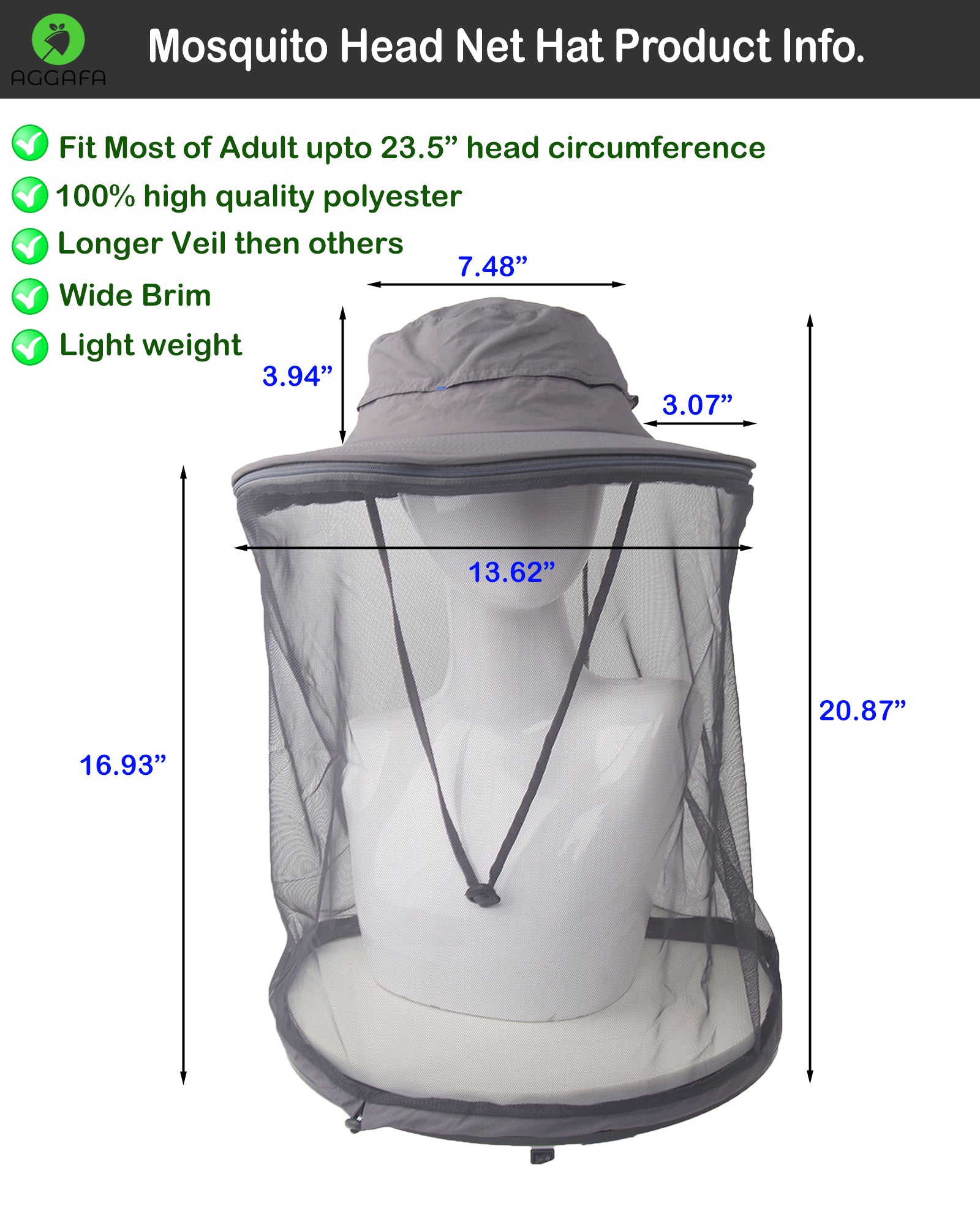 aggafa mosquito head net hat grey and mosquito sleeves small, mosquito head net hat product information