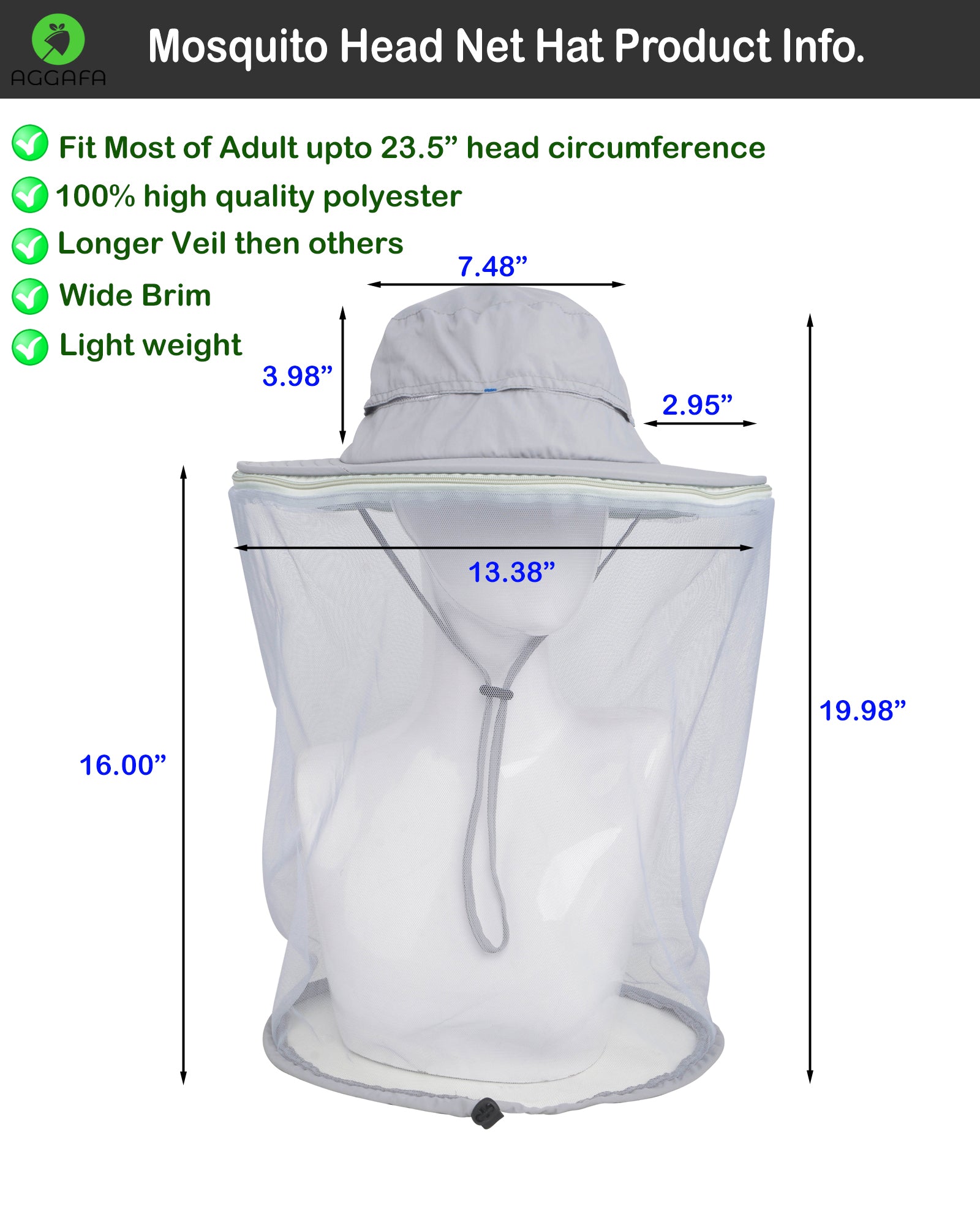 aggafa mosquito head net hat light grey and mosquito sleeves medium, mosquito head net hat product information