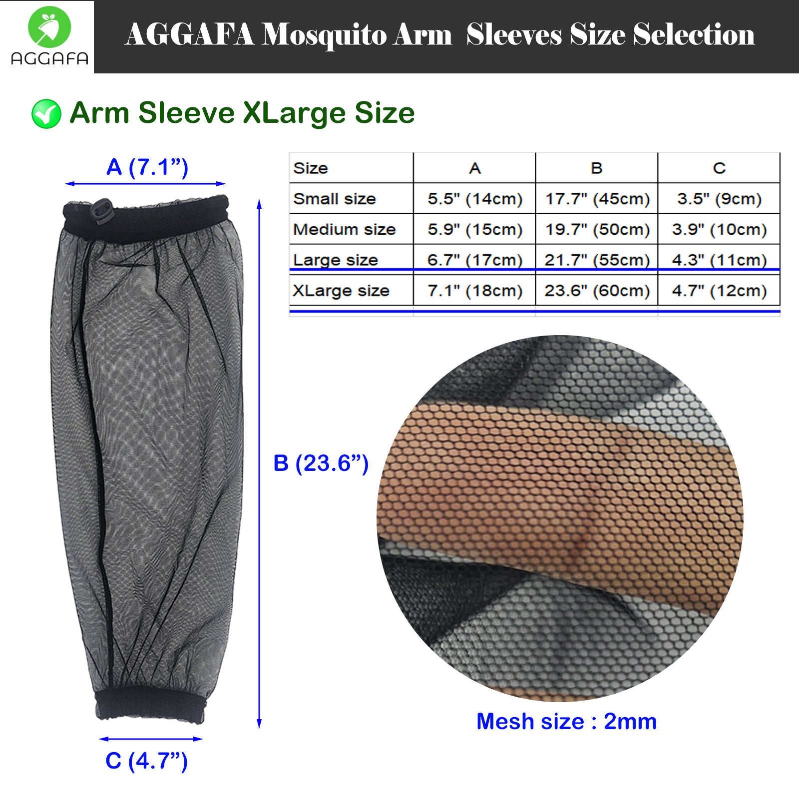 aggafa, mosquito net arm sleeves XLarge size, size selection