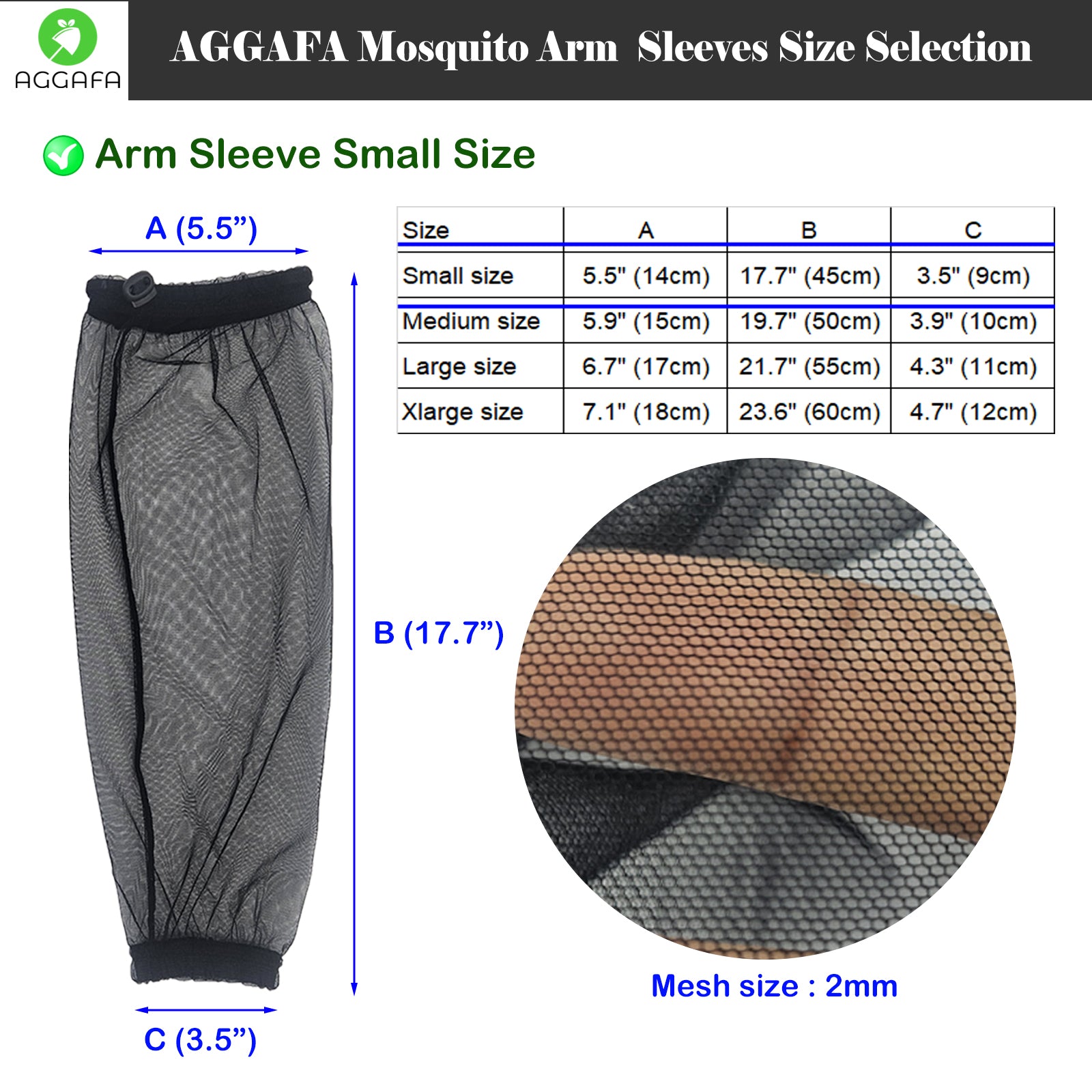 aggafa, mosquito net arm sleeves small size, size selection